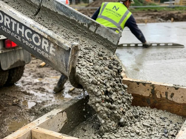 Wet concrete running down a truck chute into formwork.