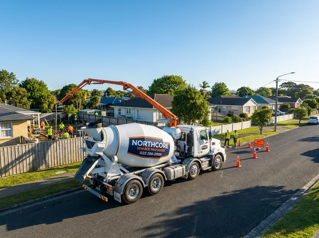 A concrete truck pumping concrete for a driveway outside a suburban house.