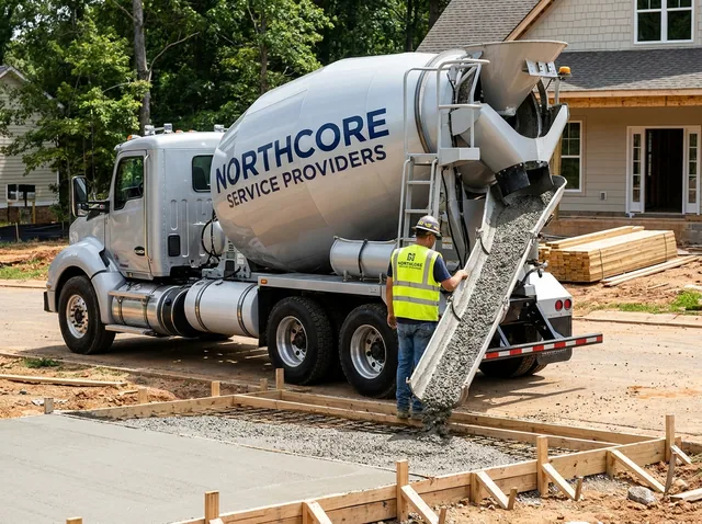 A concrete mixer truck discharging concrete onto a prepared site.