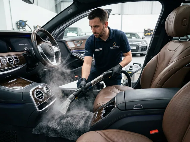 A detailer deep cleaning a car's carpet with an extraction machine.