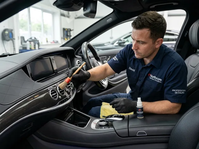 A detailer cleaning the dashboard and console inside a vehicle.