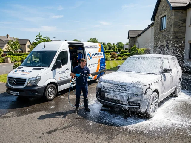 A technician pressure washing the exterior of an SUV.
