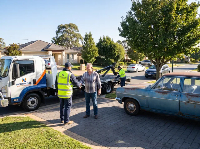 A Northcore worker shaking hands with a customer beside a service vehicle.