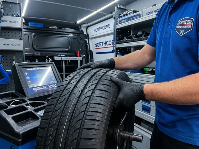 A technician balancing a wheel on a machine in the service bay.