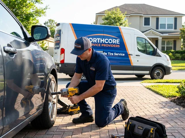A Northcore technician kneeling beside a car, fitting a replacement tyre to the front wheel.