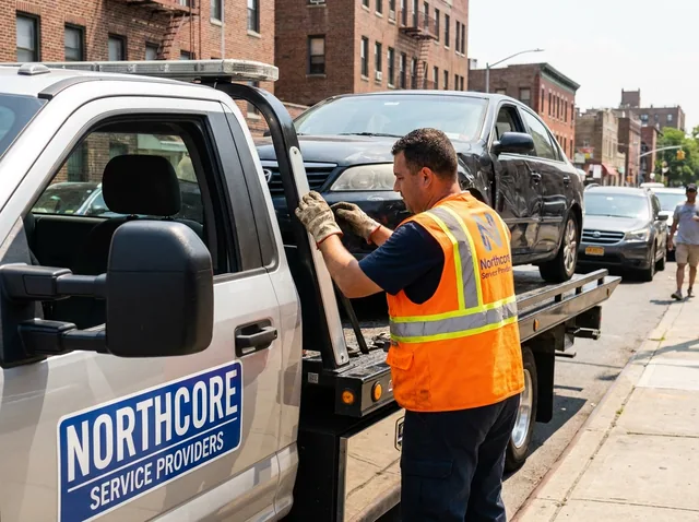 A worker winching a car up onto the deck of a flatbed tow truck.