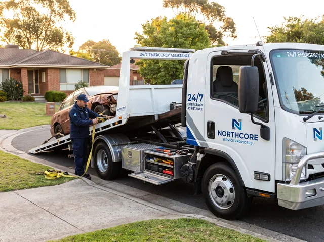 A worker strapping and securing a vehicle to the deck of a tow truck.